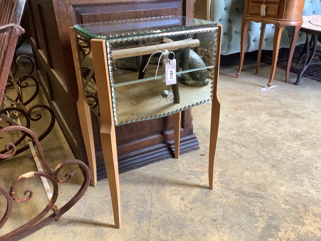 Mid century design. A French mirrored two drawer bedside table, width 42cm, depth 29cm, height 62cm
